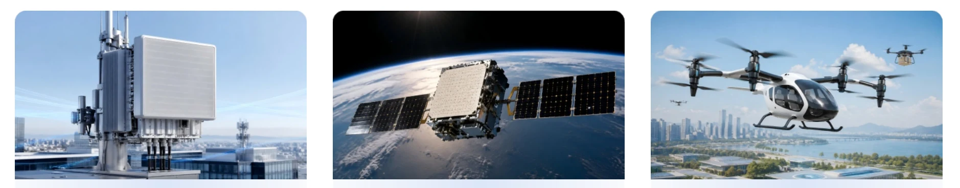 Lenecold graphene thermal plate deployed across three lightweight verticals: 6G mmWave base-station antenna (left), low-earth-orbit satellite (center), and eVTOL passenger aircraft over the city (right).